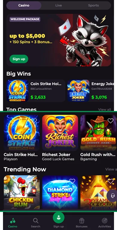 RockySpin mobile app section with lobby and account controls