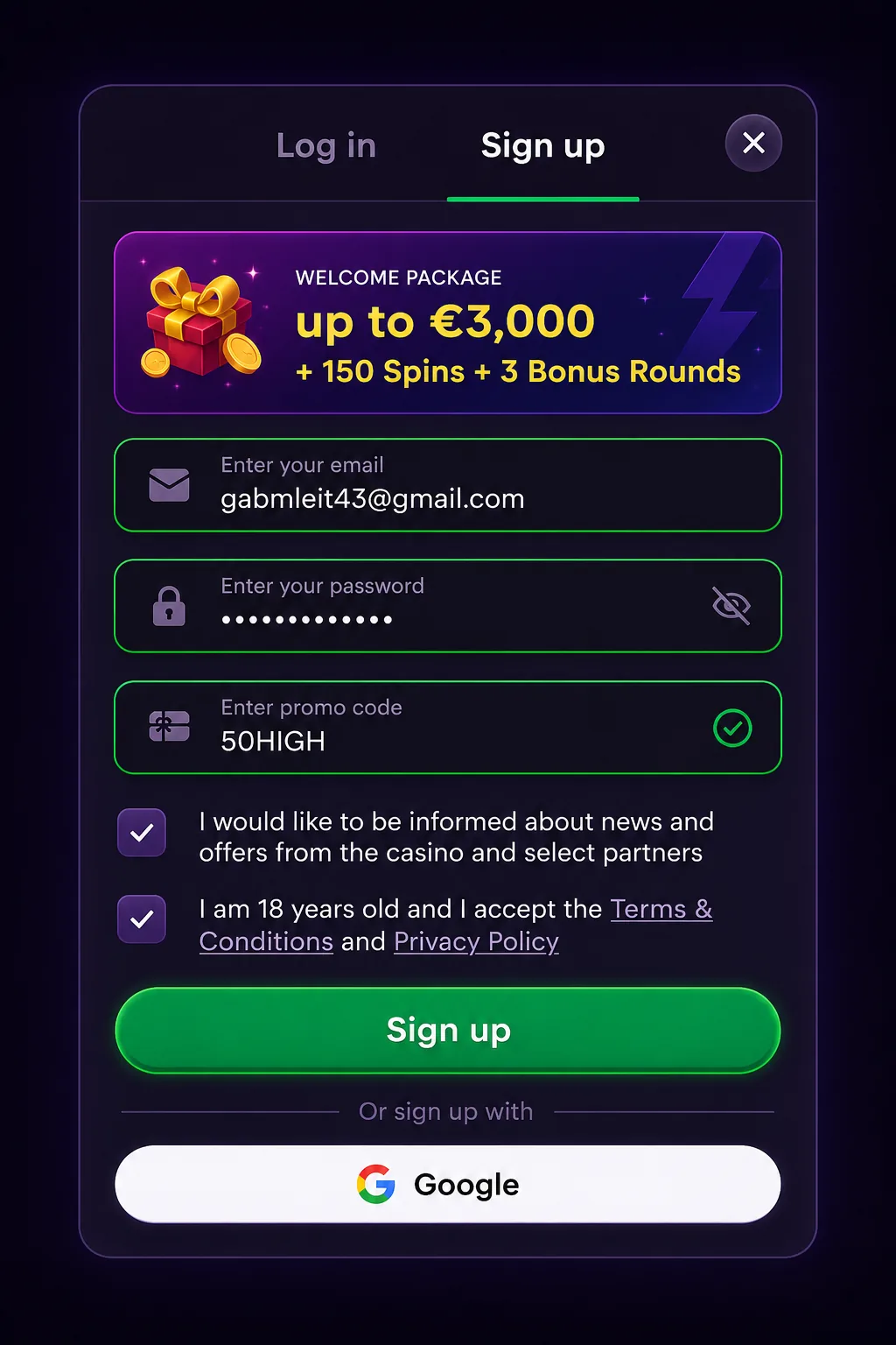 RockySpin registration section with account form fields