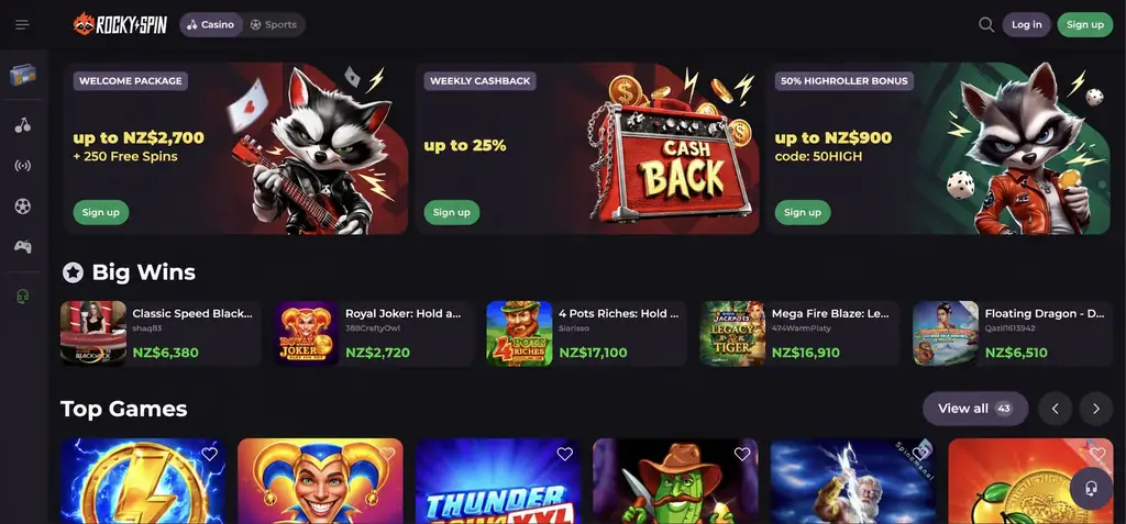 RockySpin homepage lobby overview with account navigation and game sections