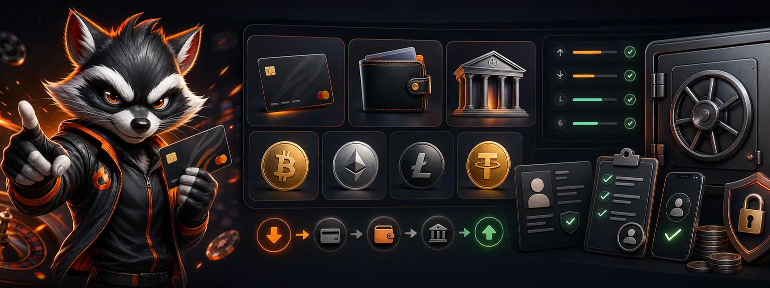 RockySpin payments section with cashier cards wallet crypto and verification items