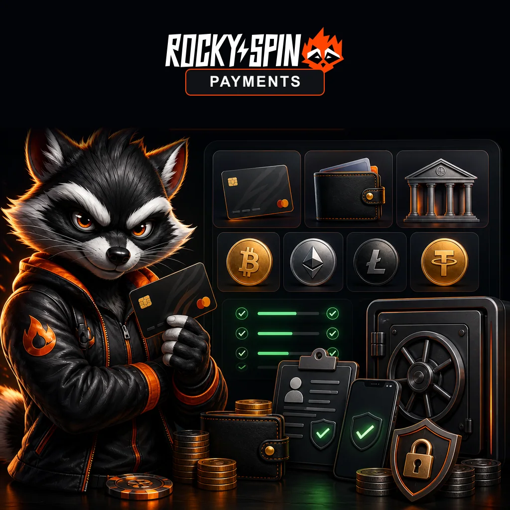 RockySpin payments section with cashier card wallet crypto and verification checks
